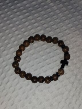 Wood Bead Bracelet with Black Cross
